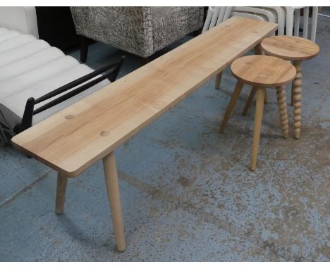 GALVIN BROTHERS BENCH AND TWO CHAIRS, stools 45cm H x 3cm, bench 47cm H x 30cm W x 160cm L. (3) 