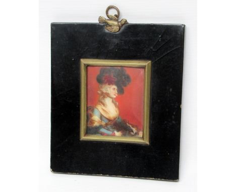 ENGLISH SCHOOL 19TH CENTURY, MINIATURE PORTRAIT OF A WOMAN, SEATED AND WEARING AN OSTRICH FEATHER HAT (6 CM X 4.8 CM) ON IVOR