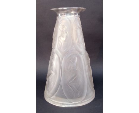 R. LALIQUE CAMEES FROSTED GLASS VASE, NO. 891, OF TAPERING CYLINDRICAL FORM DECORATED IN RELIEF WITH A BAND OF FIVE NAKED YOU