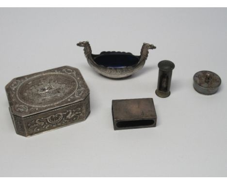 SWEDISH SILVER VIKING BOAT SHAPED SALT WITH BLUE GLASS LINER (W. 9 CM) EDWARDIAN SILVER MATCHBOX HOLDER BY CRISFORD &amp; NOR