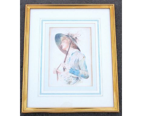 F. JOHNSON, PORTRAIT OF A YOUNG WOMAN WEARING A FLORAL BONNET (3/4 LENGTH) SIGNED AND DATED 1914, WATERCOLOUR, (34 X 24 CM) A