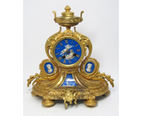 GOOD 19th CENTURY FRENCH GILT ORMOLU MANTLE CLOCK, WITH BLUE PORTRAIT PORCELAIN PANELS AND DIAL, EIGHT-DAY MOVEMENT, STRIKING