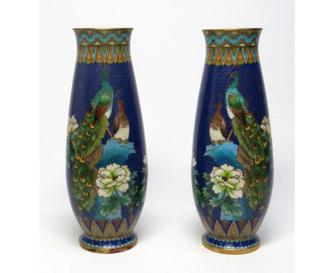 PAIR OF ORIENTAL CLOISONNE BALUSTER VASES, EACH WITH PEACOCKS AND FLOWERS ON A BLUE SCALE GROUND (H. 20.7 CM) (2) 