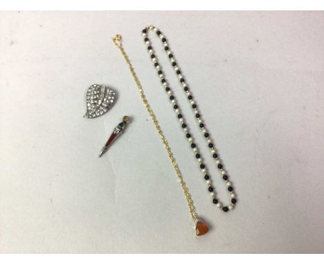 COLLECTION OF COSTUME JEWELLERY, including a fire opal pendant on gold chain, a pearl necklace with gold beads, silver and ot