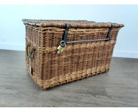 LARGE WICKER LAUNDRY HAMPER, with rope handles and steel rod48cm high, 78cm wideSome scratches and damage around the edges, a