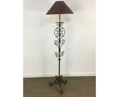 VINTAGE WROUGHT IRON STANDARD LAMP, on tripod base, with shade 164cm high