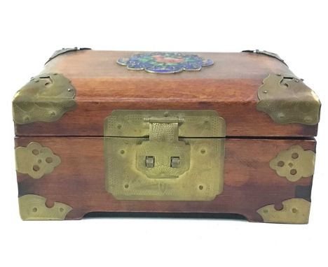 CHINESE JEWELLERY BOX, AND A GROUP OF JADE JEWELLERY the box brass bound, the lid set with an enamel medallion, along with a 