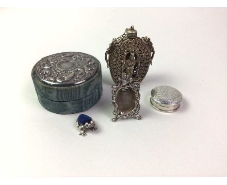 MINIATURE SILVER FRAME, ALONG WITH FURTHER SILVER including a novelty pin cushion, a pill box, and a silver mounted box, also
