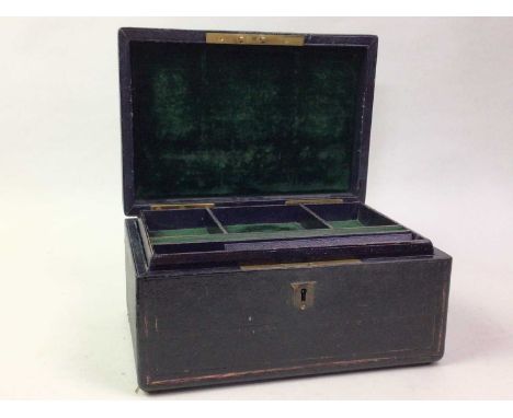 VICTORIAN LEATHER BOUND JEWELLERY BOX, AND OTHER ITEMS  the jewellery box lined with green velvet interior, along with three 