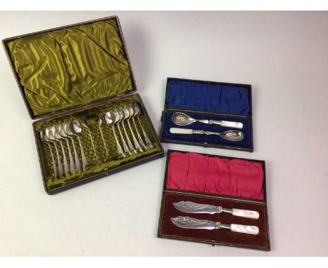 COLLECTION OF PLATED AND STAINLESS STEEL FLATWARE, all boxed, along with two horn beakers, a horn caddy spoon and a travel gl