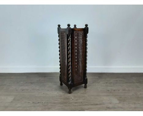 OAK STICK STAND, AND A MAHOGANY TRIPOD WINE TABLE the stick stand of square form with cane panels Qty: 2