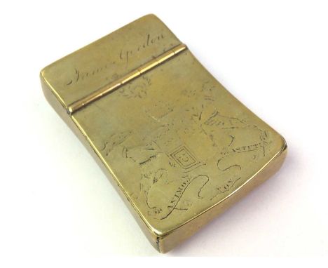 GEORGIAN BRASS SNUFF BOX, inscribed James Gordon, above a coat of arms, along with a wooden snuff boxbrass snuff box 6.9cm hi