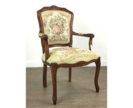 REPRODUCTION MAHOGANY BEDROOM CHAIR, with padded and studded tapestry style seat, back and arms90cm high