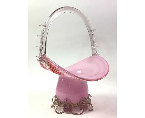 VINTAGE GLASS FLOWER BASKET, with pink and red tones34cm high