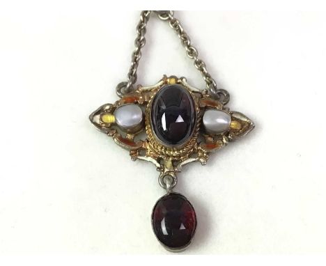 AUSTO HUNGARIAN GEM SET AND ENAMELLED PENDANT, set with cabochon gems and pearls, enamelled to the reverse, on a silver chain