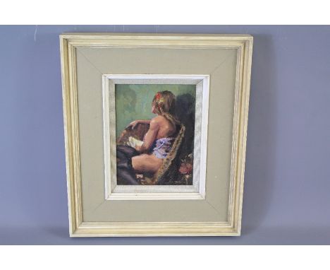John Joseph Bellman 20th Century Oil on Panel (1949- ). The painting depicting a half-view portrait of a semi-nude woman, sig