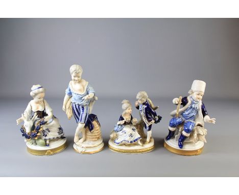 A Set of Four Unterweissbach Porcelain Figures. The group depicting 18th century figures including; a lady and goat, boy and 