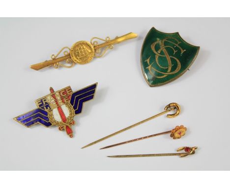 Miscellaneous Brooches. This lot includes three stock pins, an enamel France Libre brooch, a green enamel brooch and one othe