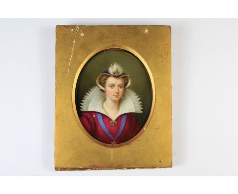 A 19th Century Portrait Miniature on Porcelain. The oval plaque depicting Amy Robsart Countess of Leicester in Elizabethan co