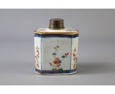 A 19th Century Chinese Tea Caddy. The square-form caddy painted with a floral spray, approx 11 cms.
