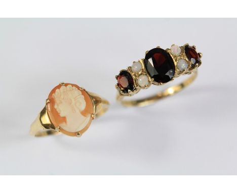 Two Vintage 9ct Yellow Gold Rings. This lot includes a 9ct yellow gold cameo ring, size O together with a garnet and opal rin