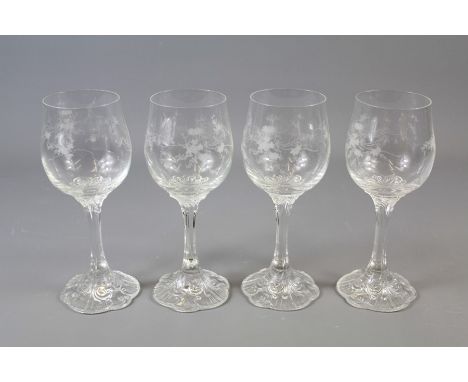 Four Crystal Rosenthal Classic Rose Monbijou Wine Glasses. The glasses with etched floral motif, decorated stems and brand st