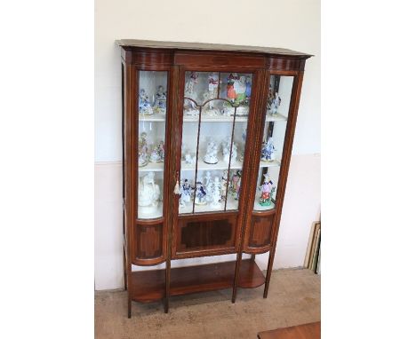 An Edwardian Mahogany Porcelain Display Cabinet. The cabinet having a partially glazed paneled door flanked by curved glass p