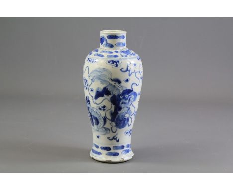 A 19th Century Blue and White Chinese Baluster Vase. The vase painted with chasing dragon amongst cloud scroll with bats, app