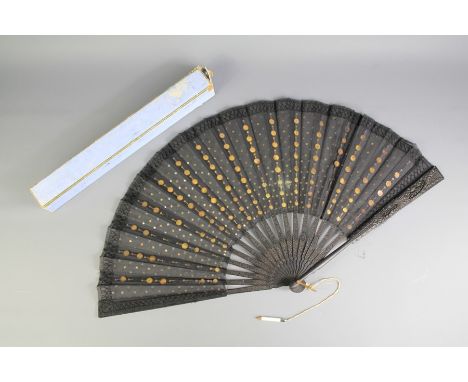 A Late 19th Century Mourning Fan. The fan is decorated with gold sequins and remains in its original box (wf),&nbsp; (One gua