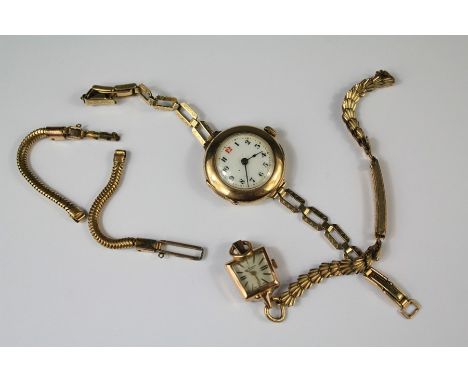 A Ladies 9ct Gold Dennison Wrist Watch. The watch having a white enamel face with black numerals, gold-plated bracelet, appro