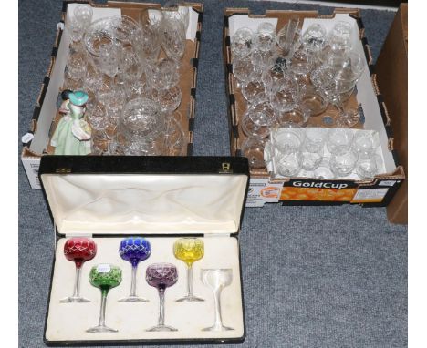 Large quantity of assorted cut glass, including case colour flash wine glasses; Stuart glass etc; together with a Clarice Cli