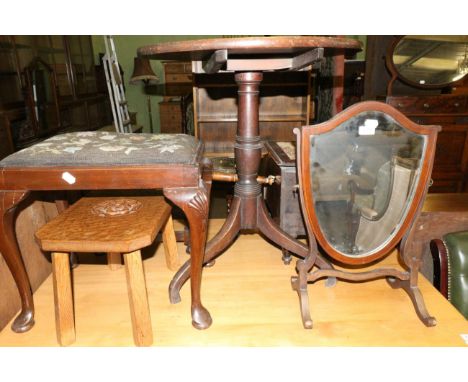 A small group of furniture including a tilt top tripod table, a commode stool, a piano stool, toilet mirror, an oak stool and