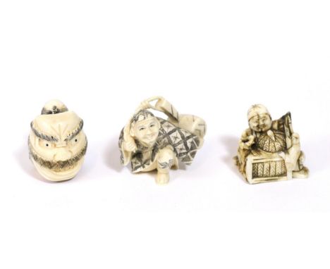 A Japanese Meiji period ivory netsuke in the form of Daikaku with mallet, signed Mitsuyuki; together with another netsuke of 