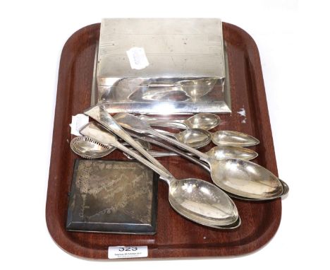 A silver cigarette box, a continental silver cigarette case, various Georgian and later spoons including table spoons, tea sp