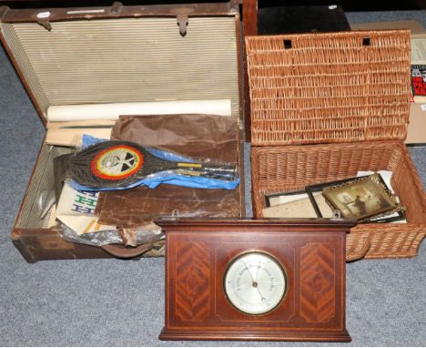 Edwardian mahogany barometer (a.f.), tin trunk, wicker hamper and a vintage suitcase and contents 