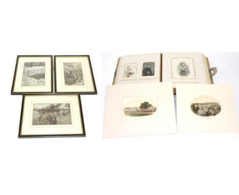 A Victorian leather - bound photograph album containing portrait photographs; together with three Rackham bookplates and a Ha