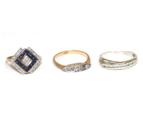 An old cut five stone diamond ring, a 9 carat gold sapphire and diamond cluster ring, a 9 carat white gold cross over ring (3