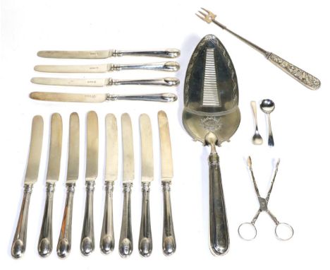 A George III silver fish slice, London 1801; together with a set of twelve silver handled dessert/fruit knives, Sheffield 191