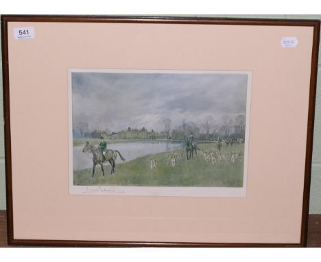 After Lionel Edwards, a colour hunting print, country house in background, pencil signed, framed and glazed 
