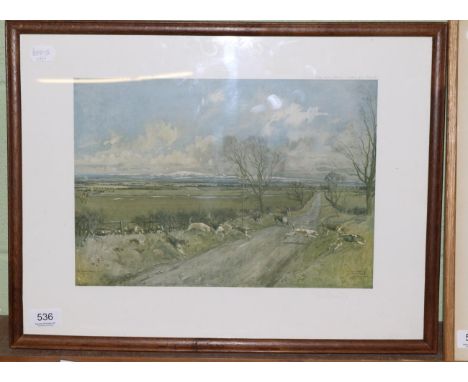 After Lionel Edwards, a colour hunting print ''Looking South to Cheviots- Berwickshire Hunt'', pencil signed, framed and glaz