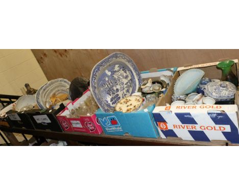 Six boxes of various 19th century and later household china and glass including, blue and white wares, Imari tea set, two Roy