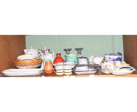 A shelf of 20th century ceramics including Shelley, Crown Ducal, Royal Doulton and Burleigh