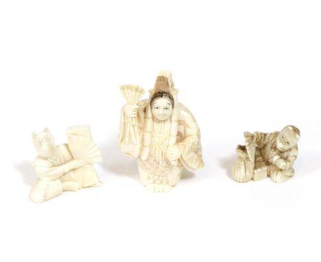 A group of three Japanese Meiji Period ivory netsukes comprising a Kabuki actor with fox mask; another similar Kabuki actor w