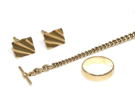 A 9 carat gold Albert chain, 9 carat gold band ring and a pair of 9 carat gold cufflinks30.20g gross