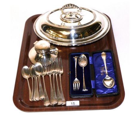 A set of six silver teaspoons, five matching forks, another silver spoon, cased Christening spoon and fork (a.f.), silver cap