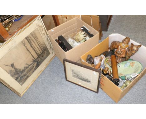 A group of early 20th century and later table lamps, composition models etc, together with a pastel of a rural scene and a pr