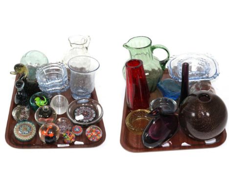 Two trays of glass including Caithness and Millefiori paperweights, Venetian glass vase, Whitefriars dishes, etc