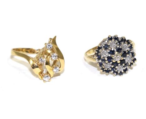 An 18 carat gold sapphire and diamond cluster ring and a cubic zirconia cluster ring (2)Sapphire and diamond ring - Finger si