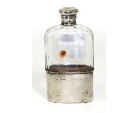 A Victorian silver mounted glass hip flask, Thomas Johnson, London 1890, screw cover and pull off beaker, 15cm high