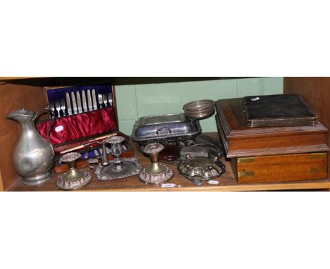 Various canteens including a burr walnut example, flatware and silver plate (one shelf)